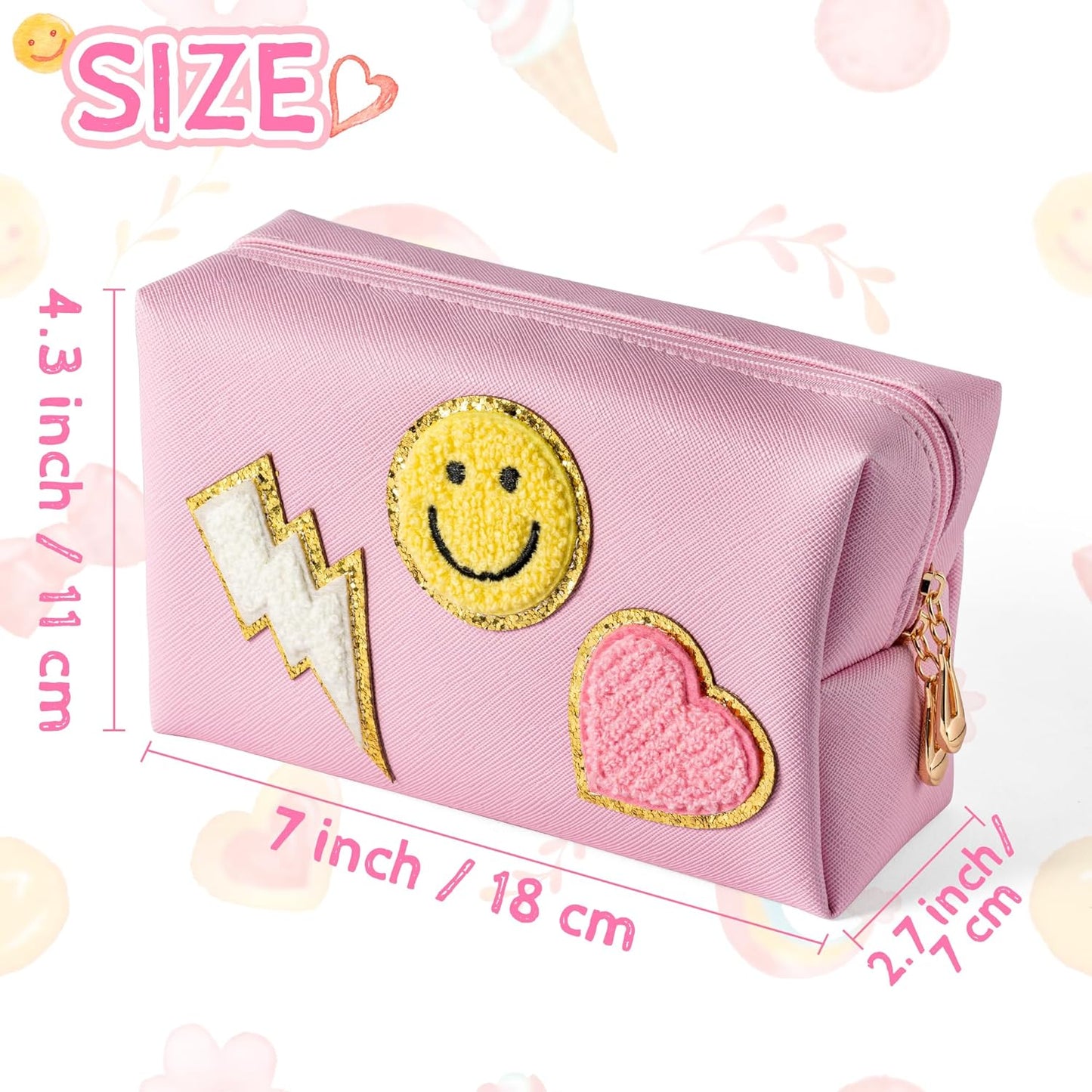 Preppy Patch Small Toiletry Bag Smile Lightning Heart PU Leather Portable Waterproof Makeup Cosmetic Bag Daily Use Storage Purse Travel Organizer Compliant Bag for Women Girls Gift (Pink)