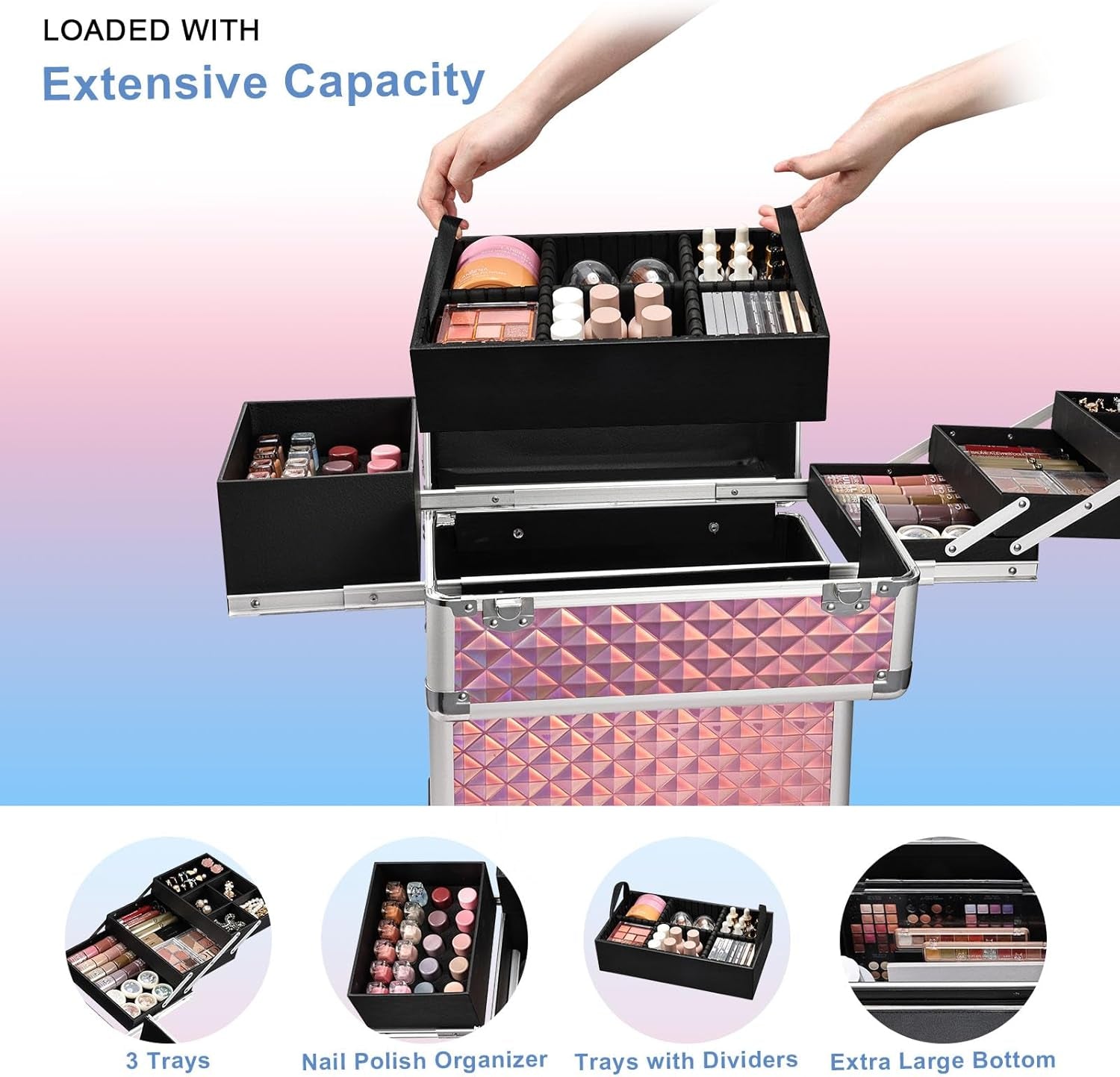 Rolling Makeup Train Case Large Storage Cosmetic Trolley 4 Tray with Sliding Rail Removable Middle Layer with Key Swivel Wheels Salon Barber Case Traveling Cart Trunk