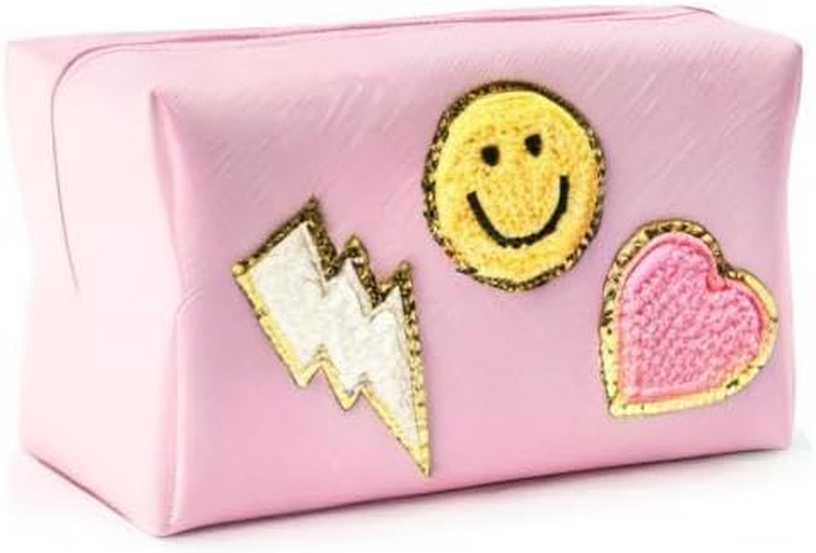 Preppy Patch Small Toiletry Bag Smile Lightning Heart PU Leather Portable Waterproof Makeup Cosmetic Bag Daily Use Storage Purse Travel Organizer Compliant Bag for Women Girls Gift (Pink)