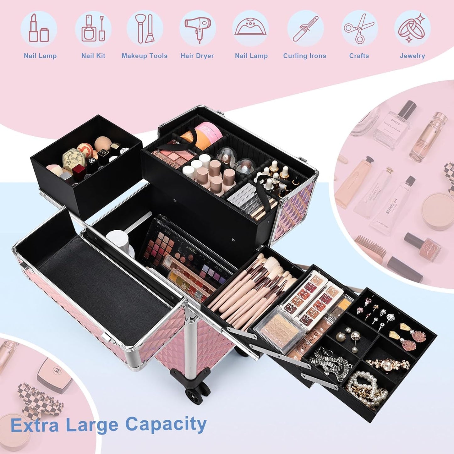 Rolling Makeup Train Case Large Storage Cosmetic Trolley 4 Tray with Sliding Rail Removable Middle Layer with Key Swivel Wheels Salon Barber Case Traveling Cart Trunk