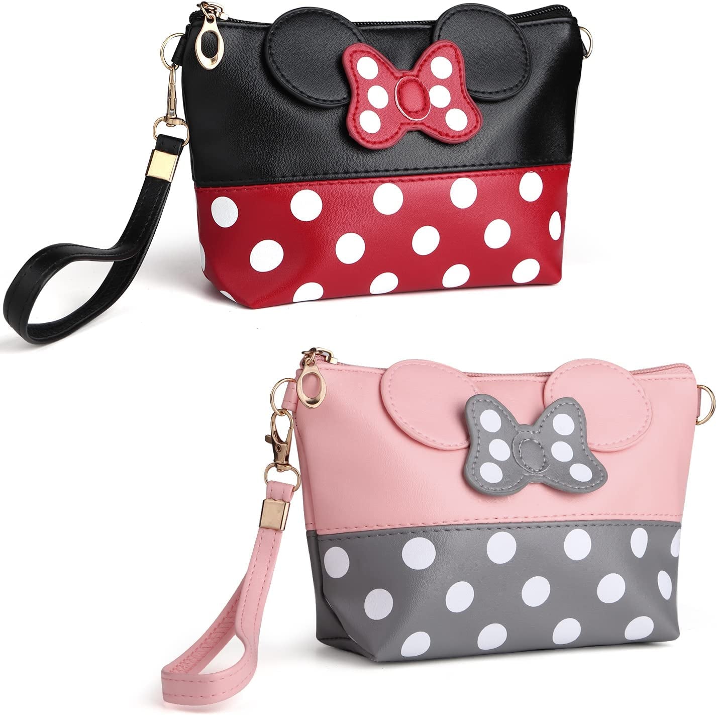 2 Pack Cartoon Leather Travel Makeup Handbag, Cute Portable Cosmetic Bag Toiletry Pouch for Women Teen Girls Kids（Pink&Black）