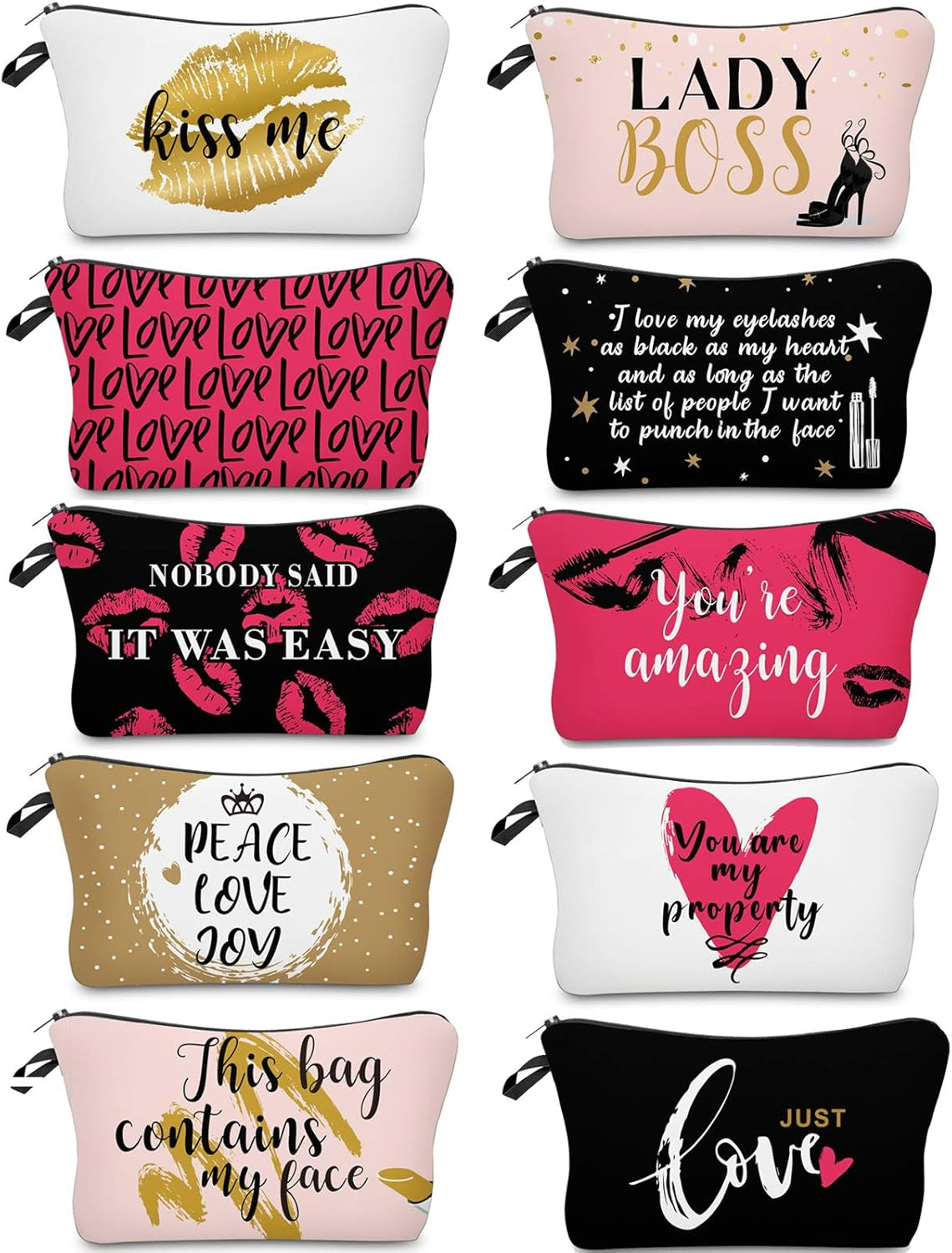 10 Pieces Letters Makeup Bags Bulk Cosmetic Pouch for Women Travel Zipper Organizer Toiletry Bag Printing Pencil Bag Christmas Supplies Gift(Black, Gold and Pink Style)