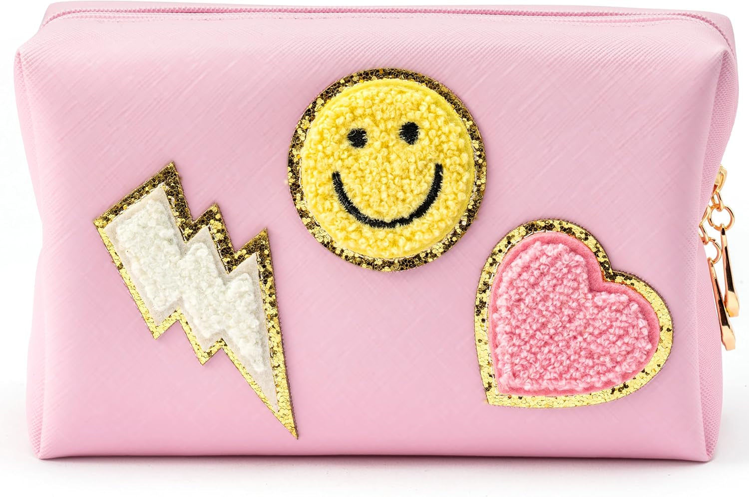 Preppy Patch Small Toiletry Bag Smile Lightning Heart PU Leather Portable Waterproof Makeup Cosmetic Bag Daily Use Storage Purse Travel Organizer Compliant Bag for Women Girls Gift (Pink)