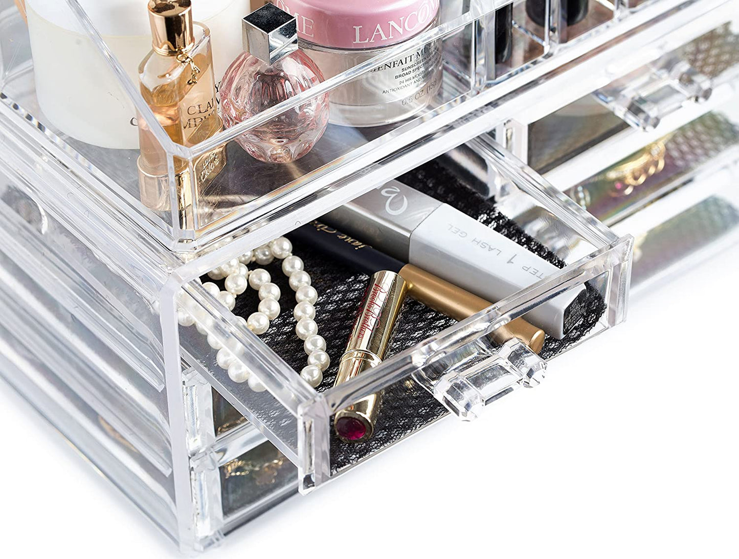 Clear Makeup Organizer – 16-Compartment Cosmetic and Jewelry Holder, 4-Drawer Vanity Storage, Elegant Clear Design for Makeup and Accessories