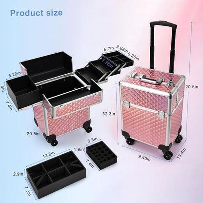 Rolling Makeup Train Case Large Storage Cosmetic Trolley 4 Tray with Sliding Rail Removable Middle Layer with Key Swivel Wheels Salon Barber Case Traveling Cart Trunk