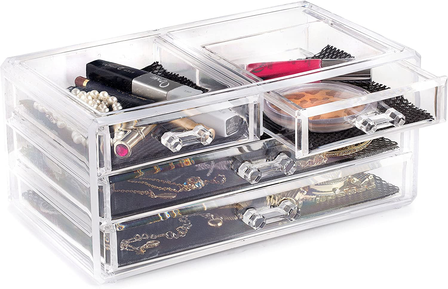 Clear Makeup Organizer – 16-Compartment Cosmetic and Jewelry Holder, 4-Drawer Vanity Storage, Elegant Clear Design for Makeup and Accessories