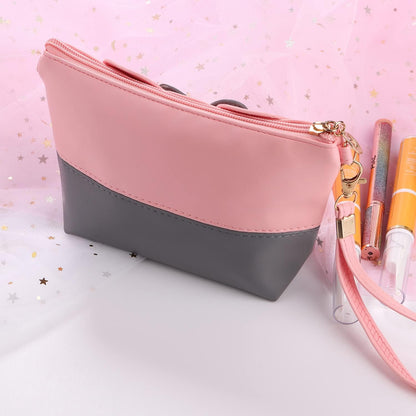 2 Pack Cartoon Leather Travel Makeup Handbag, Cute Portable Cosmetic Bag Toiletry Pouch for Women Teen Girls Kids（Pink&Black）