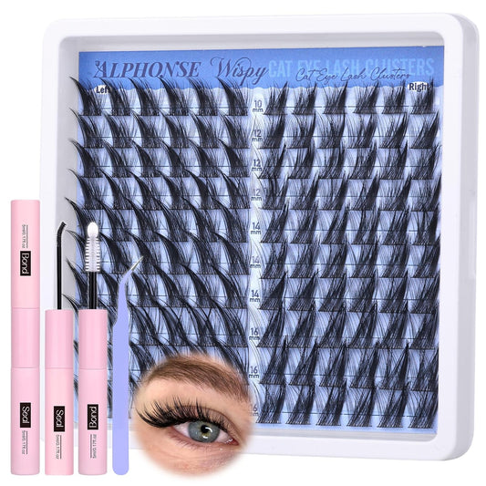 Cat Eye Lash Clusters Kit Wispy Cluster Eyelash Extensions Kit 10-16Mm Individual Lashes Clusters Natural DIY Lash Extension Kit for Beginners with Lash Bond and Seal by